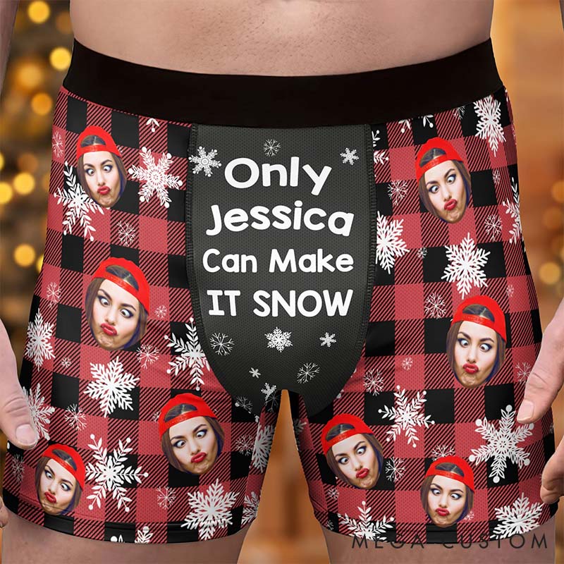 Personalized Girlfriend Wife Face Only Her Can Make It Snow Christmas Boxer Briefs Men Underwear with Face Photo Xmas Gift for Him Boyfriend Husband