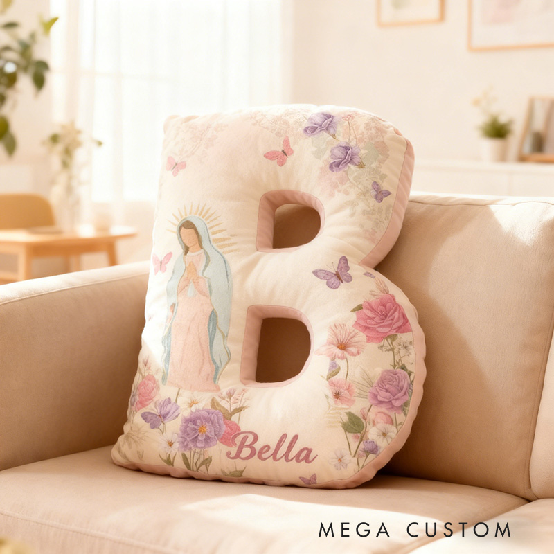 Personalized Virgin Mary Letter Pillow with Custom Name Catholic Home Decor Religious Gift for Her Floral Butterfly Graphic 3D Print Pillow