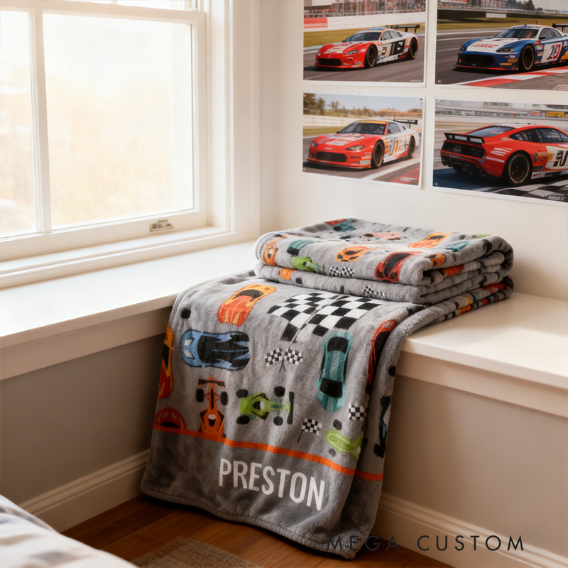 Personalized Sporty Colorful Racing Cars Personalized Blanket Custom Name Soft Fleece Throw Gift for Racing and Car Lovers