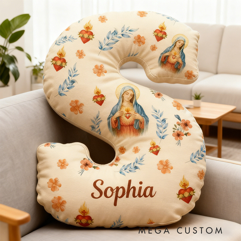 Personalized Immaculate Heart of Virgin Mary Letter Pillow with Custom Name Catholic Home Decor Religious Gift for Her Graphic 3D Print Pillow
