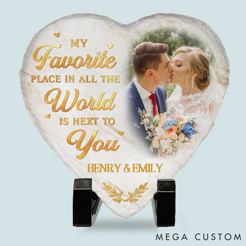 Personalized Couple Photo My Favorite Place in All the World is Next to You Heart Shaped Stone with Stand Christmas Valentines Day Gift for Him Her