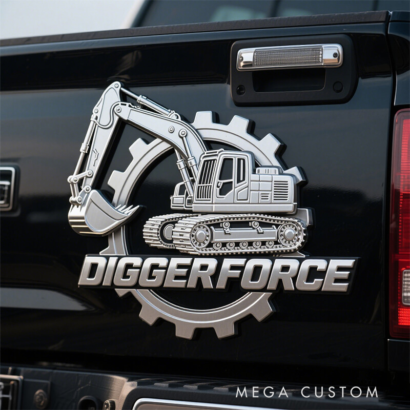 Personalized 3D Excavator & Gear Metal Emblem - Heavy Machinery Enthusiast Car Badge, Premium Truck/SUV Decal