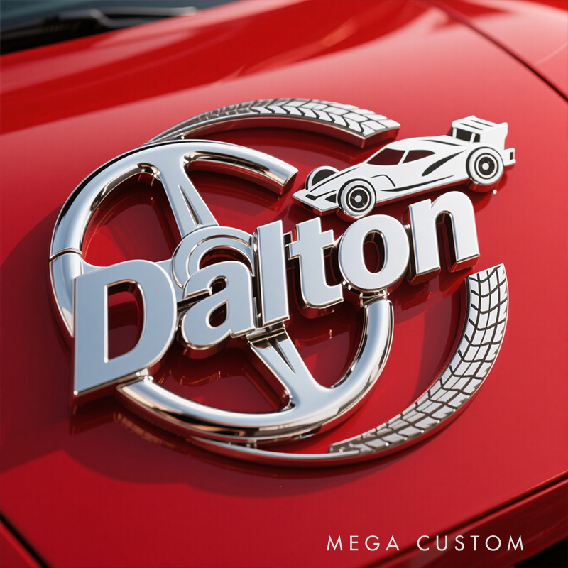 Personalized Racing Steering Wheel & Checkered Flag Metal Emblem - Custom Name Car Badge for Motorsport Enthusiasts