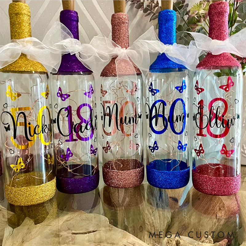 Personalised Glitter Birthday Glass Butterfly Name & Age 18th 21st Gift For Her 30th 40th 50th Lit Bottle Gin Wine