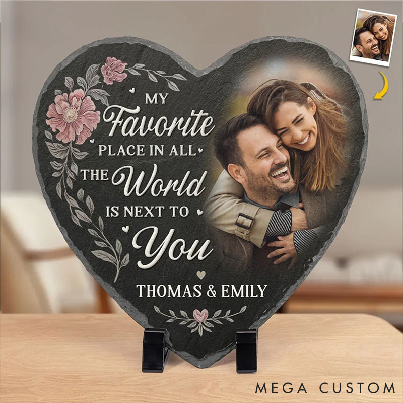 Personalized Couple Photo Floral My Favorite Place in All the World is Next to You Heart Shaped Stone with Stand Christmas Valentines Day Gift