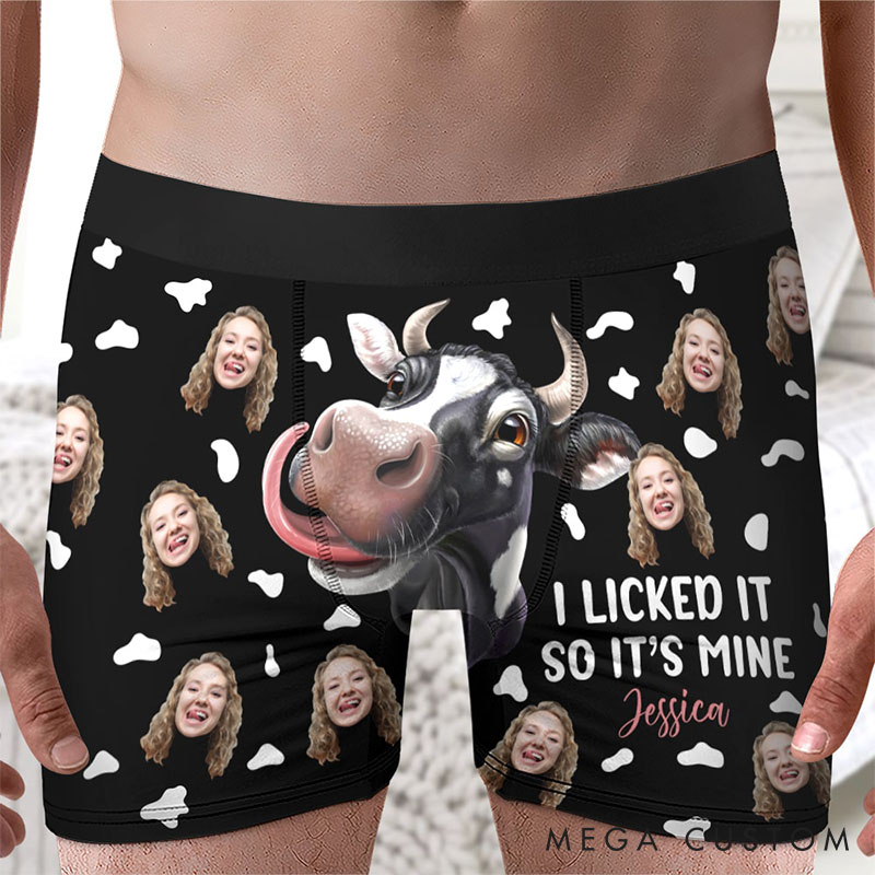 Personalized Girlfriend Wife Face I Licked It So It’s Mine Boxer Briefs Men Cow Underwear with Face Photo Valentines Day Gift for Boyfriend Husband