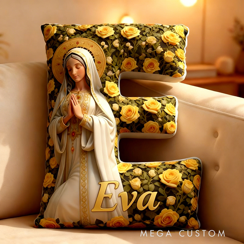 Personalized Virgin Mary Letter Pillow Graphic 3D Print Pillow with Custom Name Religious Home Decor Catholic Prayer Gift for Her Yellow Rose 