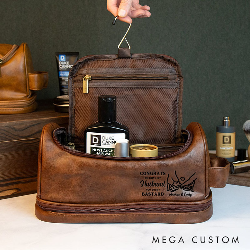 Personalized Leather Toiletry Bag for Husband Congrats On Being My Husband Custom Men's Shaving Kit Bag Leather Dopp Kit for Boyfriend 