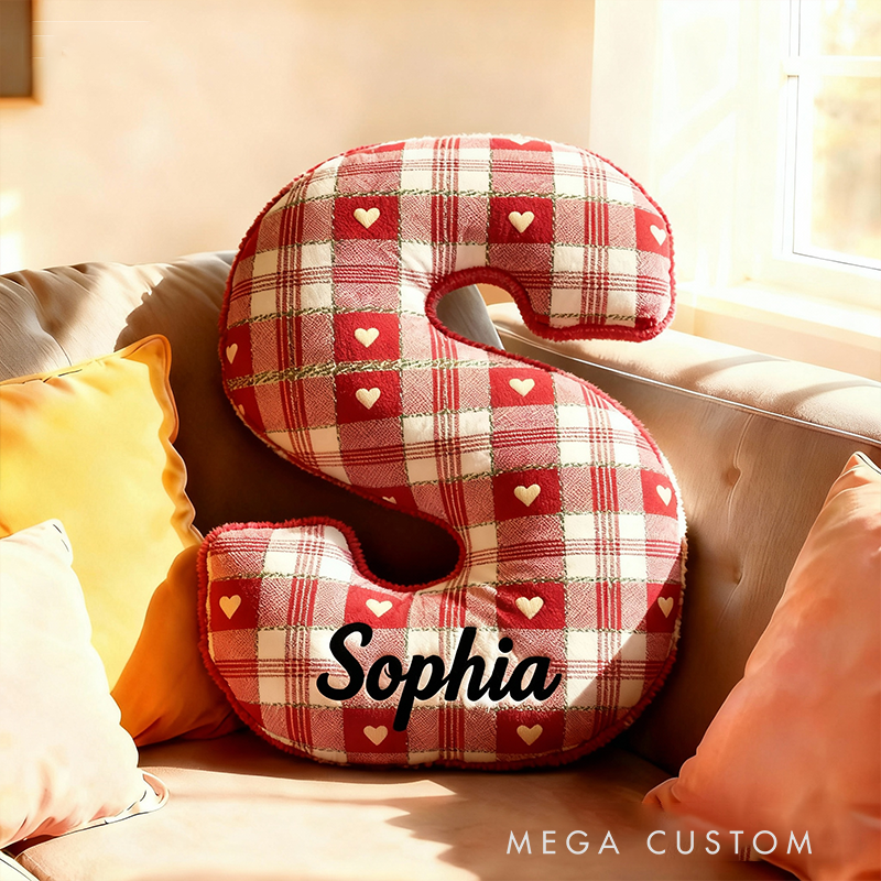 Personalized Red and White Plaid Heart Letter Pillow Custom Name Personalized Appreciation Gifts