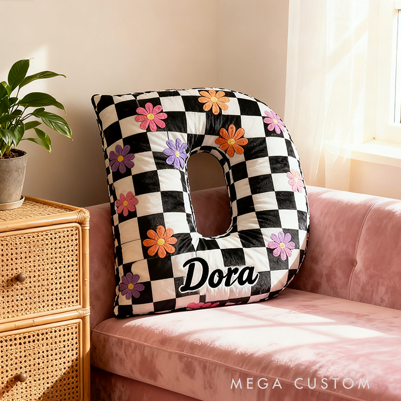 Personalized Black and White Checkered Flower Letter Pillow Custom Name Initial Decorative Appreciation Gifts
