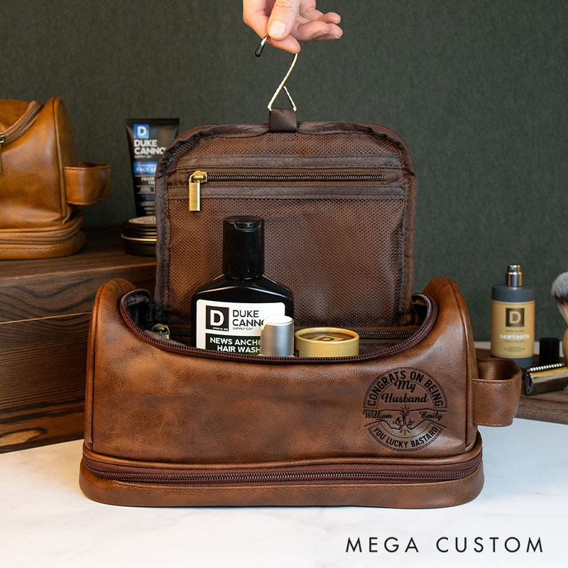Personalized Leather Toiletry Bag Congrats On Being My Husband Custom Mens Shaving Kit Bag for Boyfriend Valentines Gift Dopp Kit for Him