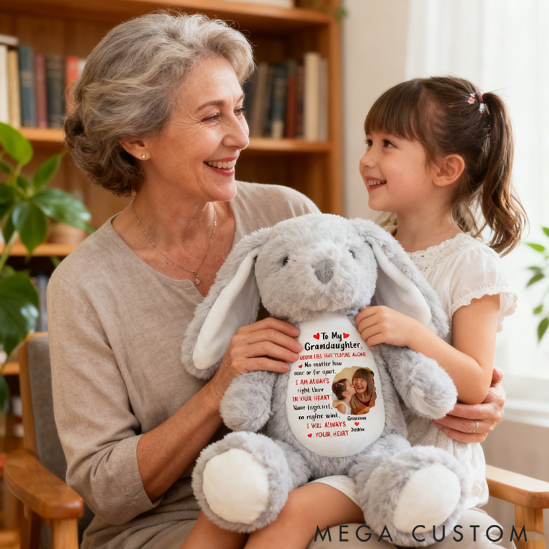 Personalized Pretty Bunny Plush Toy Custom Name Upload Photo Never Feel that You're Alone Gift for Grandma