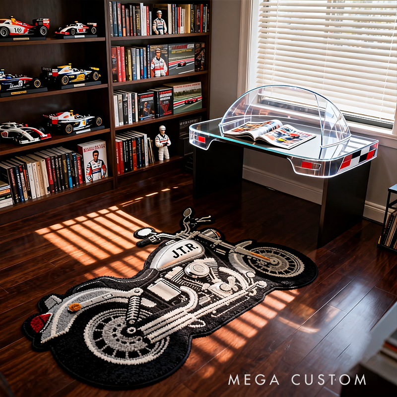 Personalized Motorcycle Shaped Rug Custom Name and Design Choice Gift for Bikers and Garage Decor