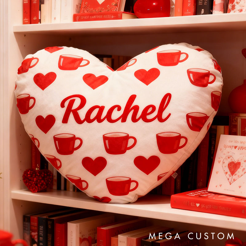 Personalized Girl friend Heart Shaped Coffee Mug Pillow Custom Couple Name Valentines Day Cushion Anniversary Date Night Gift for Her