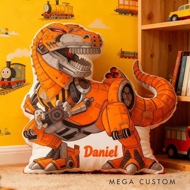 Personalized Robot Dinosaur Name Custom Soft Decorative Gift Futuristic Mechanical Style Fun Playful Cozy Boy Room Exciting Tech Power Jurassic Metal Graphic 3D Print Pillow