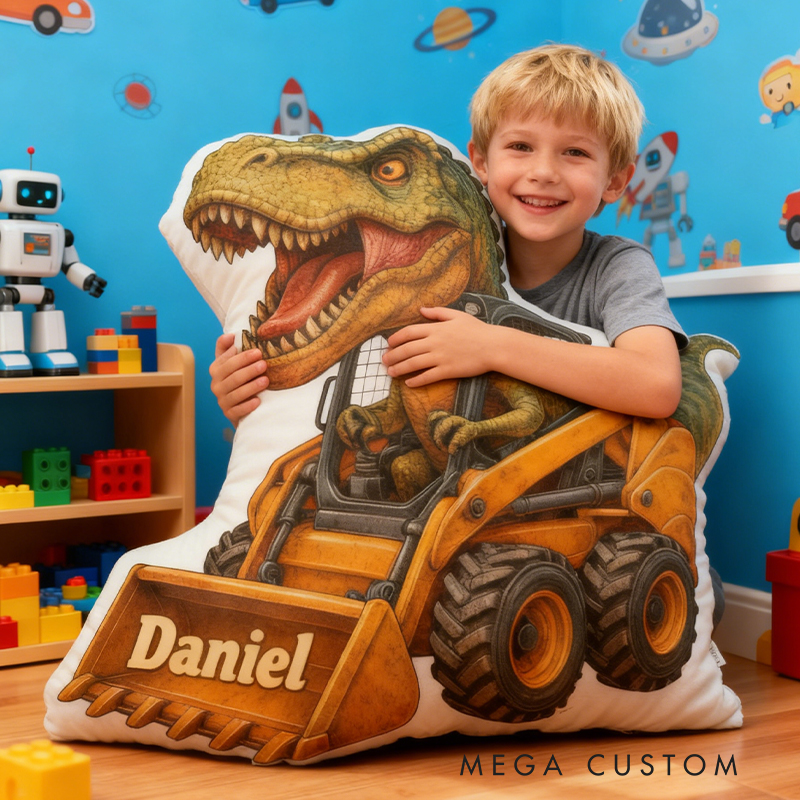 Personalized Dinosaur Excavator Name Custom Soft Decorative Gift Construction Adventure Style Fun Playful Cozy Boy Room Power Machine Truck Graphic 3D Print Pillow