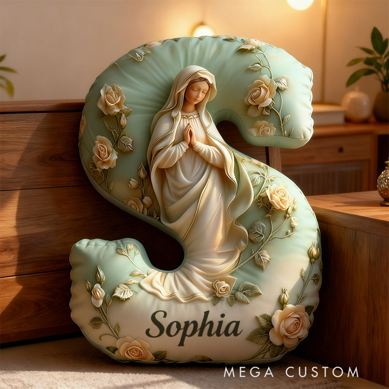 Personalized Virgin Mary Floral Letter Pillow Graphic 3D Print Pillow with Name Home Decor Religious Gift Catholic Gift for Women