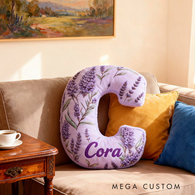Personalized Lavender Floral Letter Pillow 3D Graphic Print Custom Name and Initial Appreciation Gifts