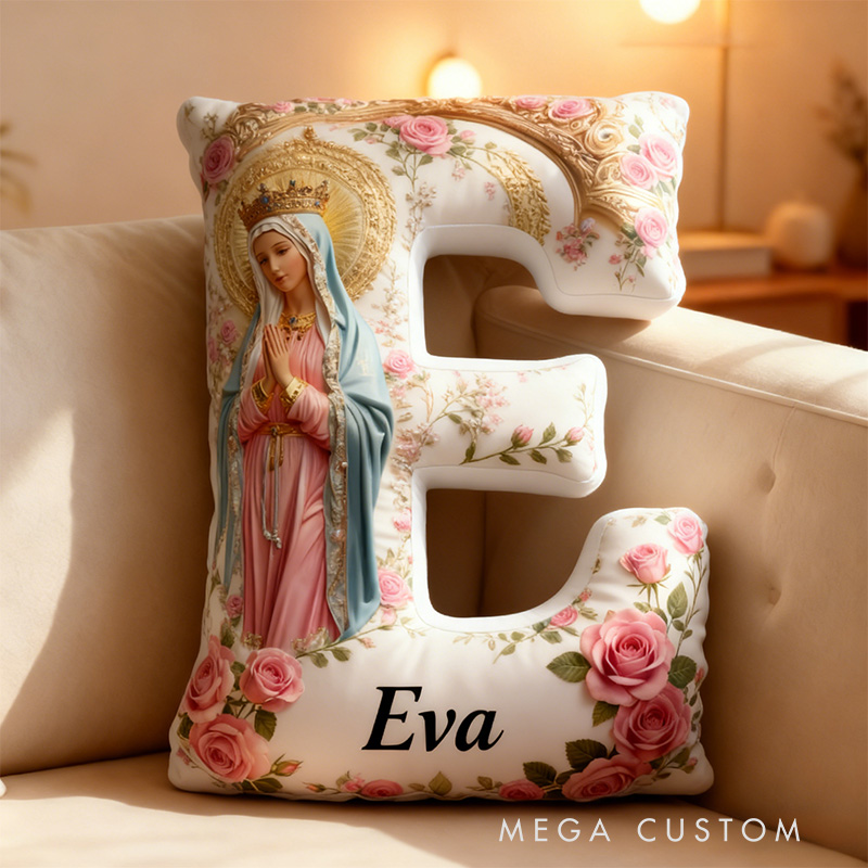Personalized Queen Of Divine Virgin Mary Letter Pillow Graphic 3D Print Pillow with Name Home Decor Religious Gift Catholic Gift for Women