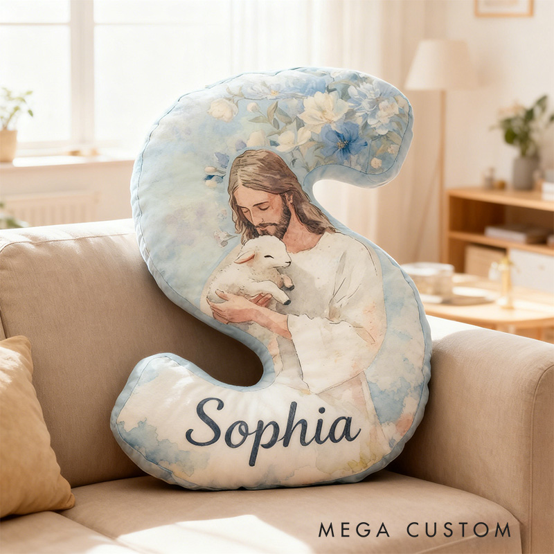 Personalized Jesus Lamb Letter Pillow with Custom Name Religious Home Decor Graphic 3D Print Pillow Christian Gift Faith Gift for Jesus Lover