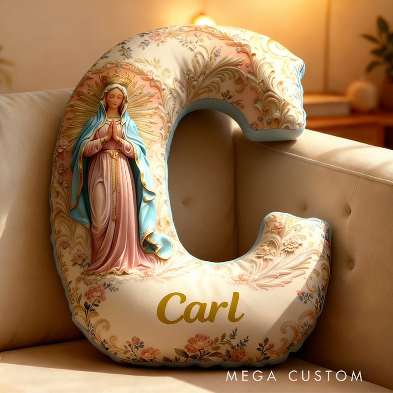 Personalized Golden Grace Virgin Mary Letter Pillow Graphic 3D Print Pillow with Name Home Decor Religious Gift Catholic Gift for Women