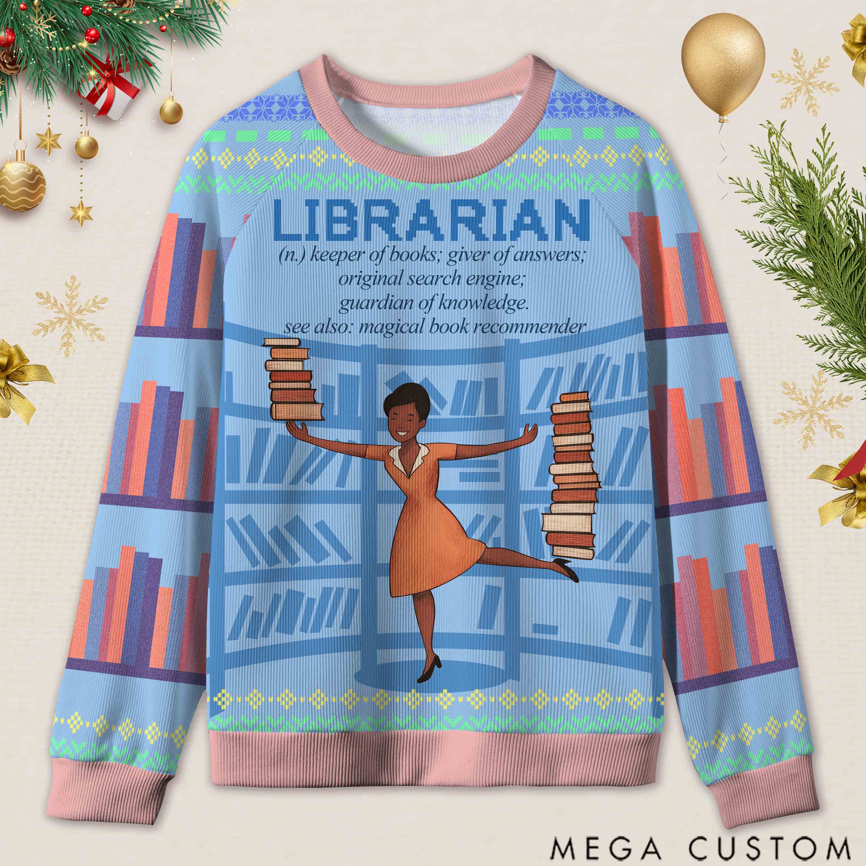 Personalized Book Lover's Dream Job Ugly Sweater Holiday Gift for Librarians