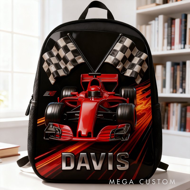 Personalized Racing Backpack Custom Name and Design with Race Car and Checkered Flag Theme Bag Perfect for Racing Fans
