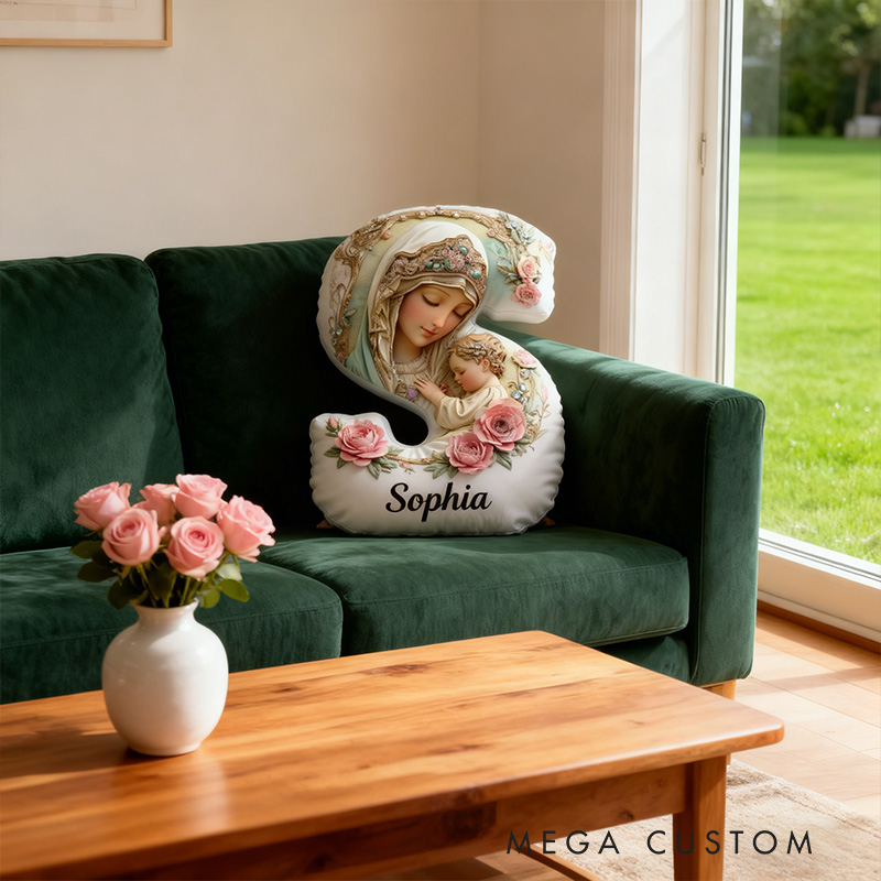 Personalized Virgin Mary Baby Jesus Letter Pillow Graphic 3D Print Pillow with Name Home Decor Religious Gift Catholic Faith Gift for Her