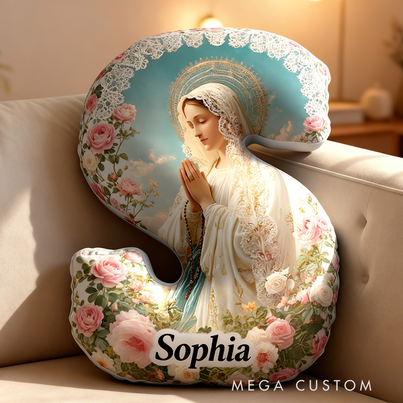 Personalized Our Lady of Grace Graphic 3D Print Letter Pillow with Custom Name Home Decor Religious Gift Catholic Faith Gift for Her
