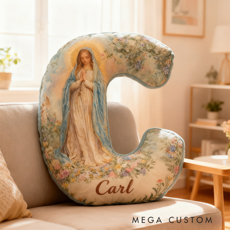 Personalized Floral Virgin Mary Graphic 3D Print Letter Pillow with Custom Name Home Decor Religious Gift Catholic Faith Gift for Her