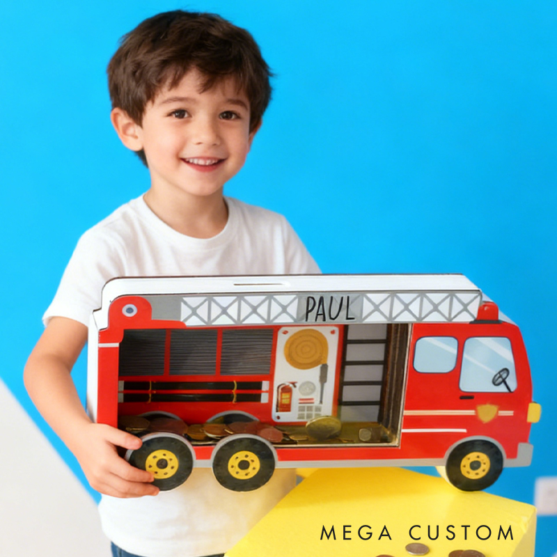 Personalized Fire Truck Piggy Bank, Custom Name Money Box, Fire Truck Piggy Banks for Boys Personalized, Construction Vehicle, Fire Truck