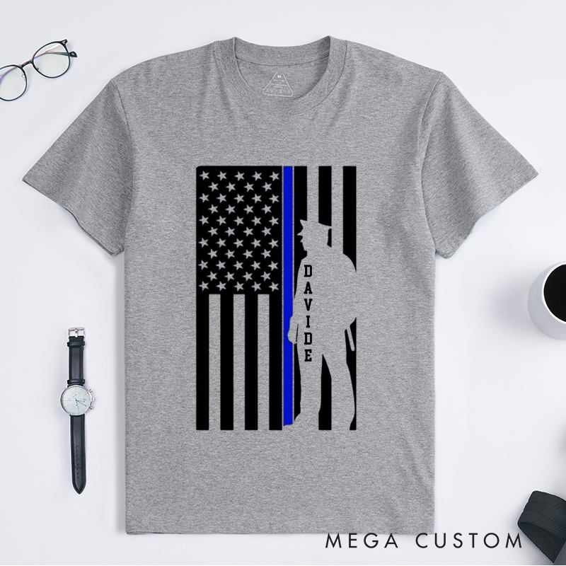 Personalized Flag Thin Blue Line Police Tribute Design Gift for Policewoman Police Officer T-Shirt