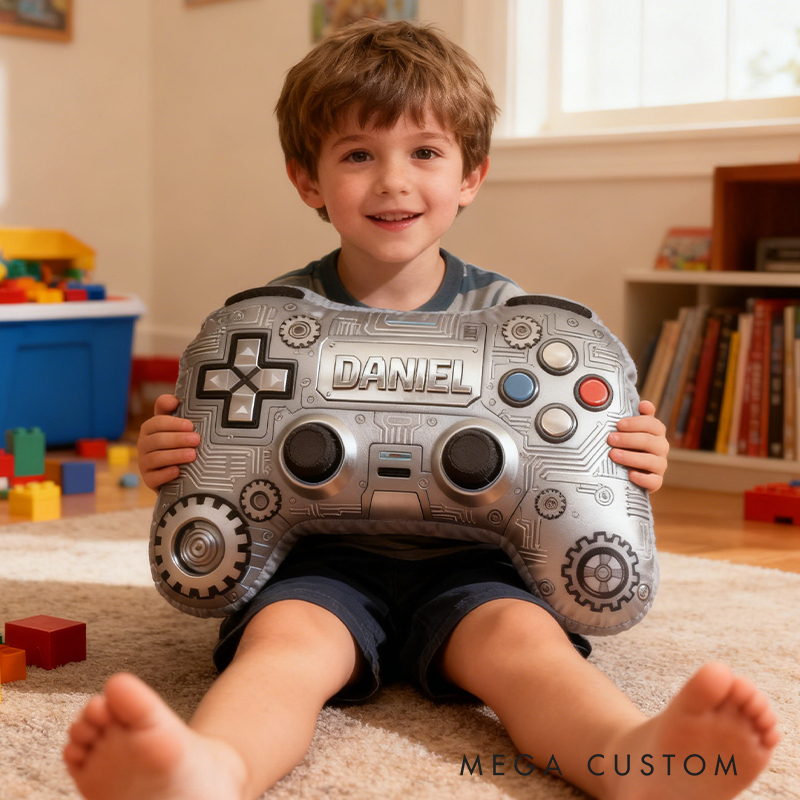 Personalized Graphic 3D Print Retro Metallic Silver Game Controller Shaped Pillow for Game Lovers Plush Pillow Christmas Birthday Party Gift for Kids