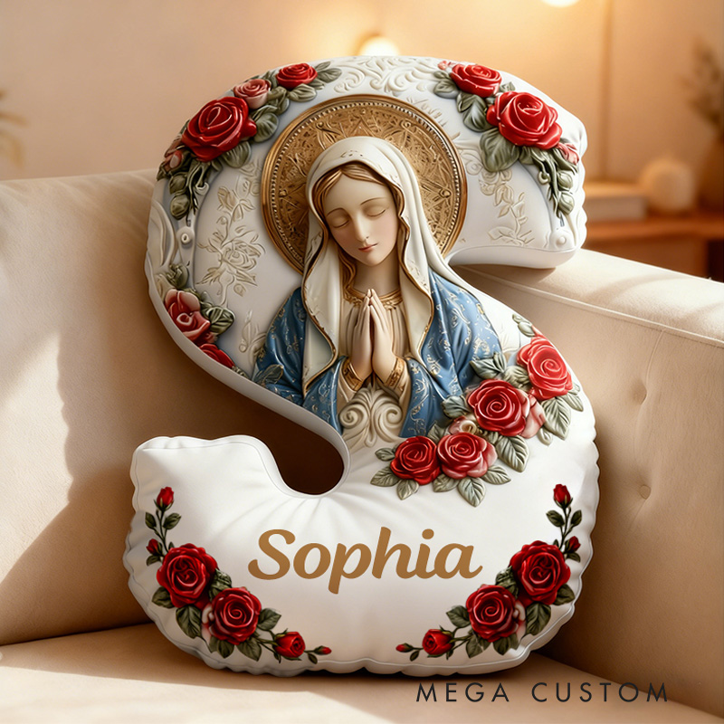 Personalized Our Lady Virgin Mary Letter Pillow with Custom Name Religious Home Decor Catholic Prayer Gift for Her Rose Graphic 3D Print Pillow