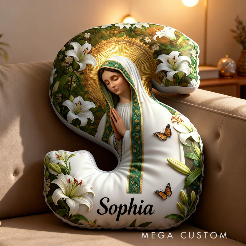 Personalized Virgin Mary White Lilies Letter Pillow with Custom Name Religious Home Decor Catholic Gift for Her Graphic 3D Print Pillow