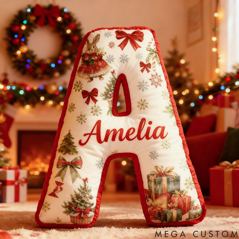 Personalized Girl friend Christmas Rabbit 26 Letters Pillow Custom Red Bow Bunny Graphic 3D Printed Alphabet Initials Cushion Christmas Gift for Her