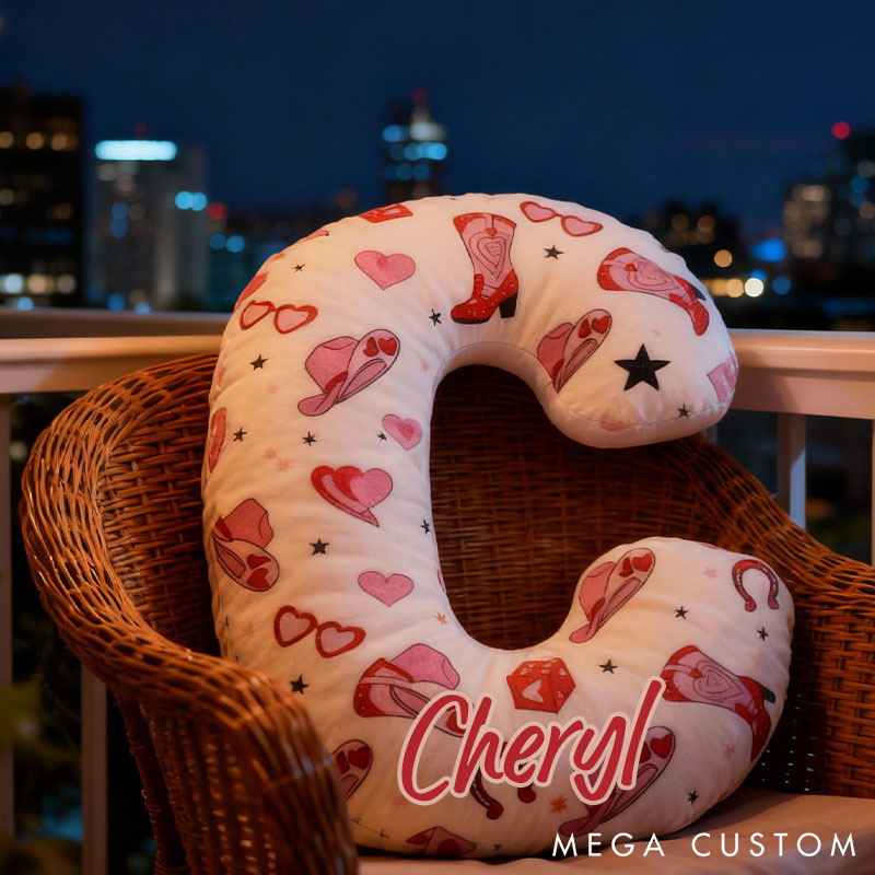 Personalized Pink Western Cowgirl Letter Pillow Custom Pink Valentine Gift Throw Pillow for Girlfriend Pink Cowgirl Boots Horseshoe Pillow for Her