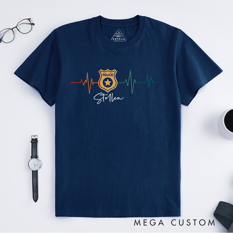PersonalizedPolice Badge Heartbeat Design Gift for Police Officer T-Shirt