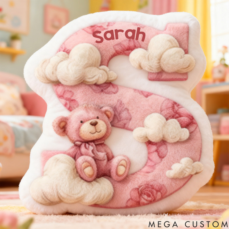 Personalized Flower Girl Pink Bear and Cloud 26 Letters Pillow Custom Girl friend Graphic 3D Printed Alphabet Initials Cushion Birthday Gift for Her