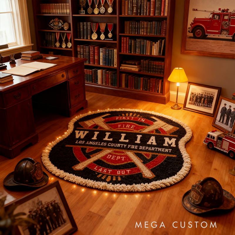 Personalized Firefighter Badge Rug Custom Name and Department Logo Carpet Gift for Firefighters and Hero Families