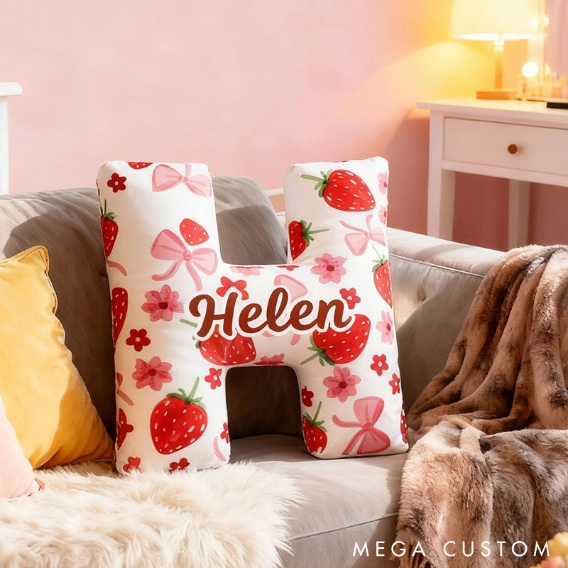 Personalized Rosette Strawberry Letter Pillow Initial Throw Pillow Custom Holiday Home Decor Letter Pillow for Flower Girl for Girl friend