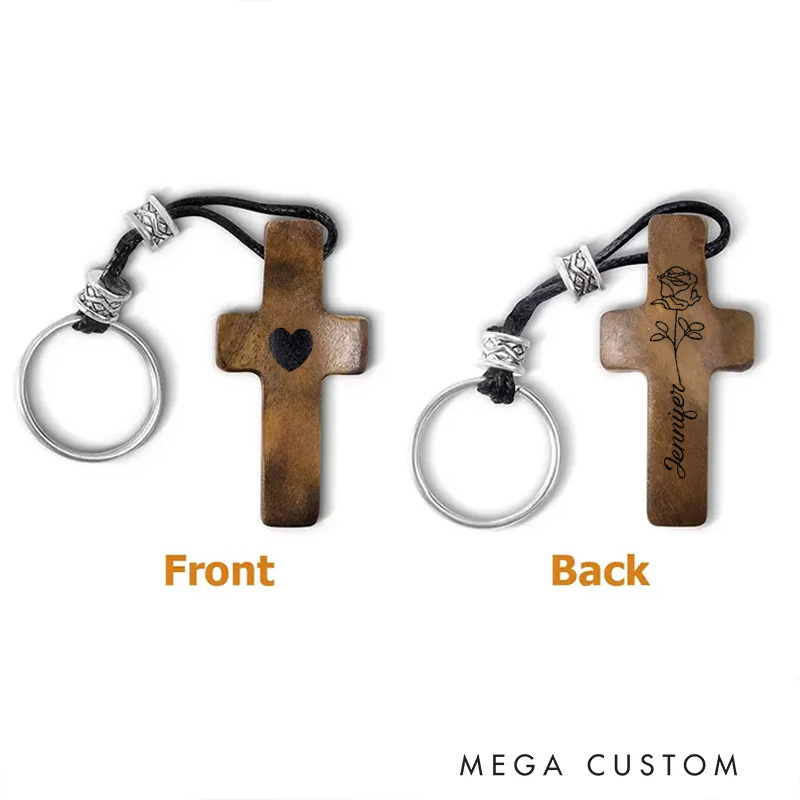 Personalized Wooden Cross Heart Keychain with Birthflower and Name Engraving Religious Gift Birthday Gift for Christians