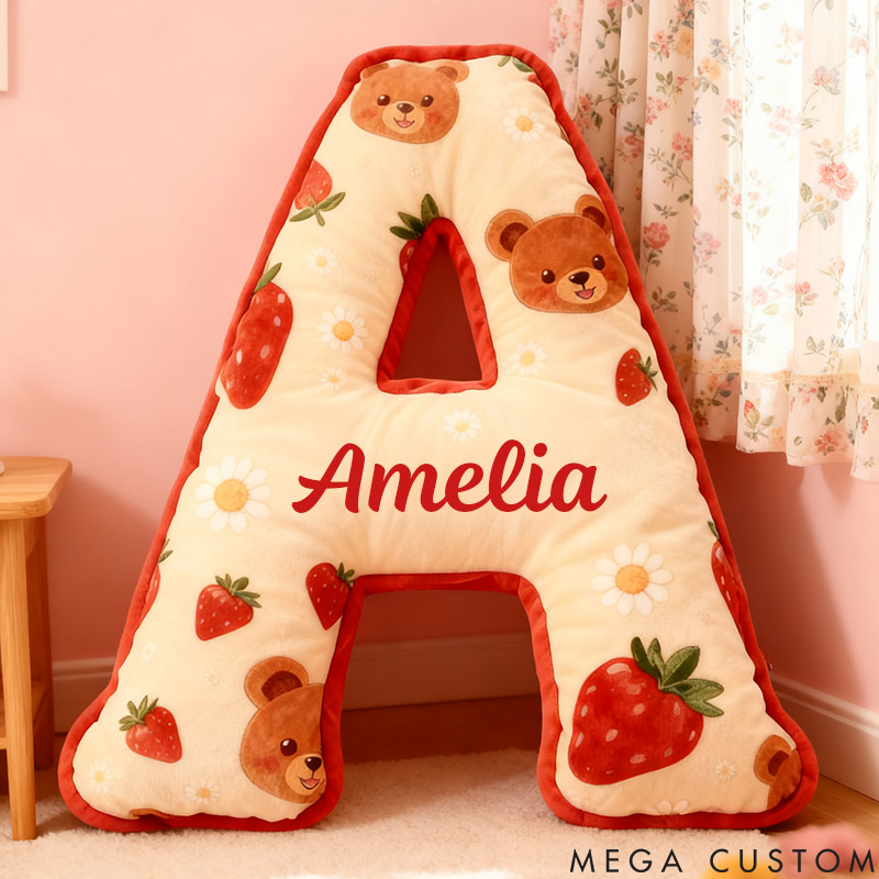 Personalized Girl friend Bear and Strawberry 26 Letters Pillow Custom Girlfriend Graphic 3D Printed Cushion Valentines Day Christmas Gift for Her