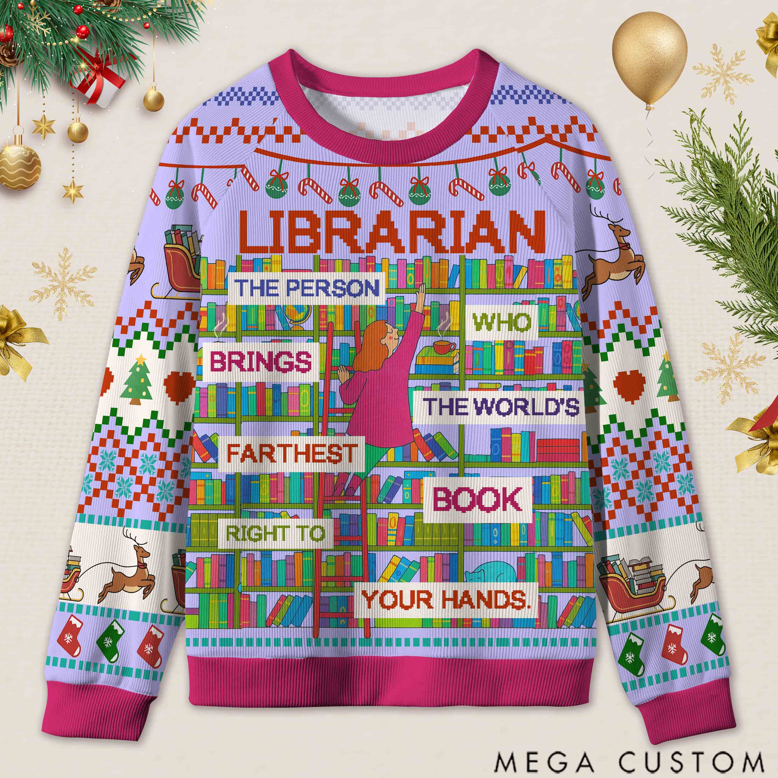 Personalized Book Lifting Workout Humor Ugly Sweater Office Holiday Party Gift for librarian