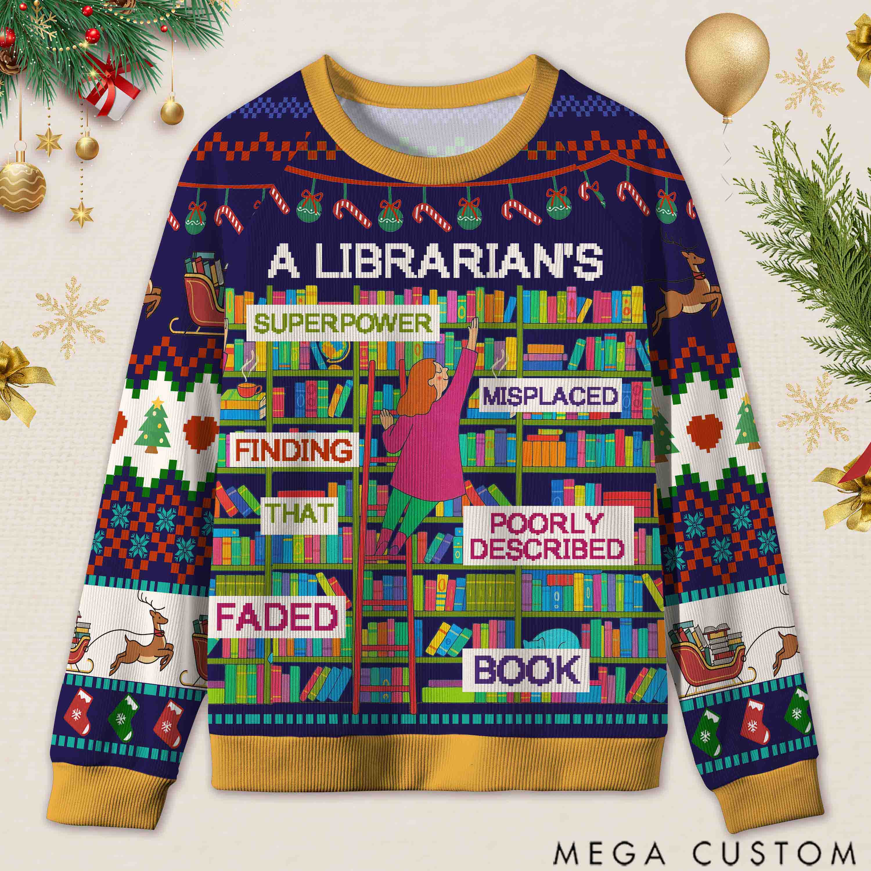 Personalized Librarian Superpowers Funny Ugly Sweater Office Holiday Party Gift for librarian