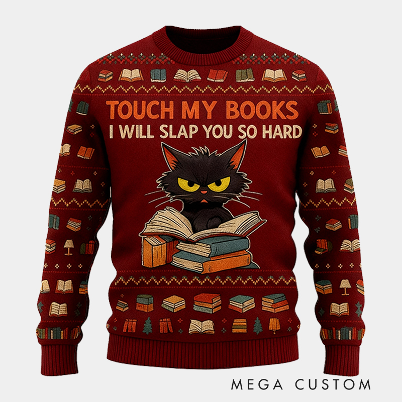 Personalized Fierce Cat Reader Ugly Christmas Sweater Gift for Librarians Book Enthusiasts