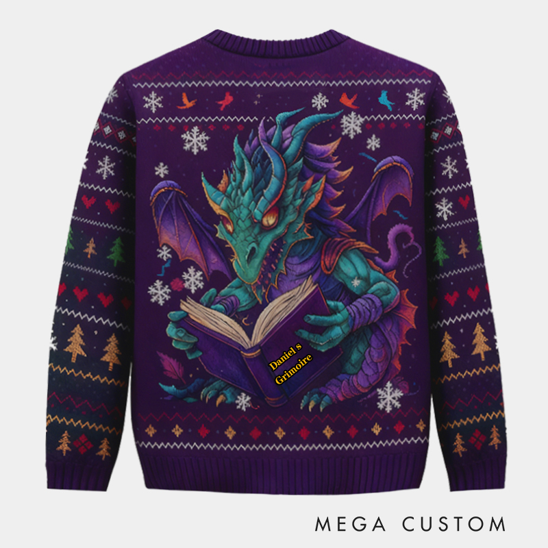 Personalized Magic Dragon Ugly Christmas Sweater Gift for Librarians and Reading Enthusiasts