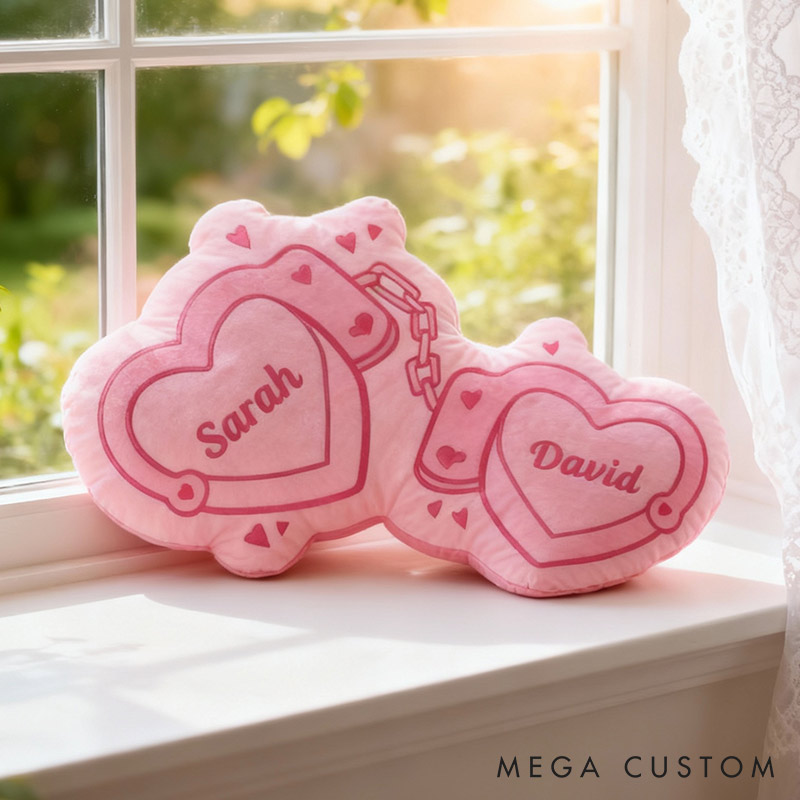 Personalized Couple Pink Heart Handcuff with Names Couple Home Pillow Romantic Valentine's Day Gift for Girlfriend for Wife Husband 