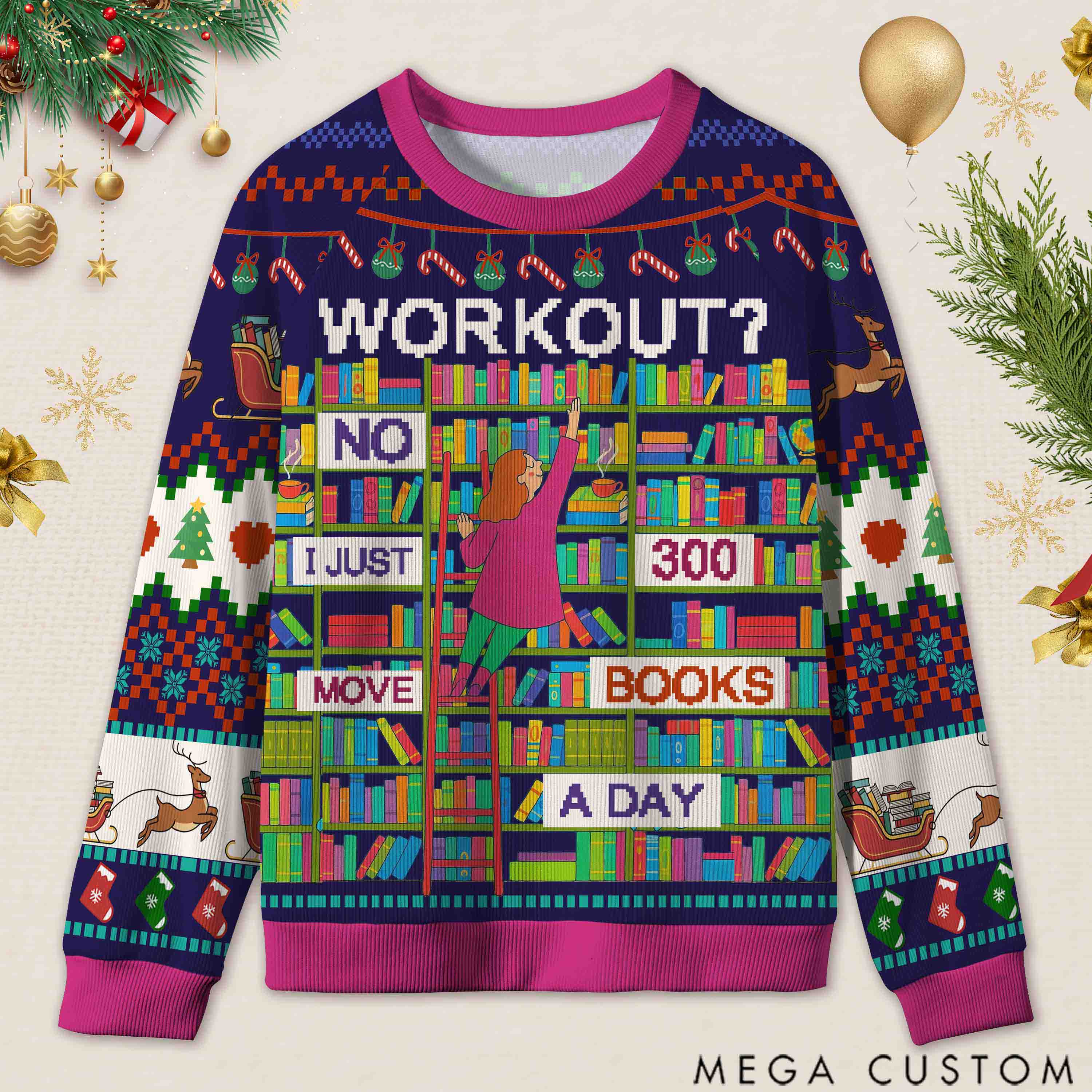 Personalized Book Lifting Workout Humor Ugly Sweater Office Holiday Party Gift for Book Lovers