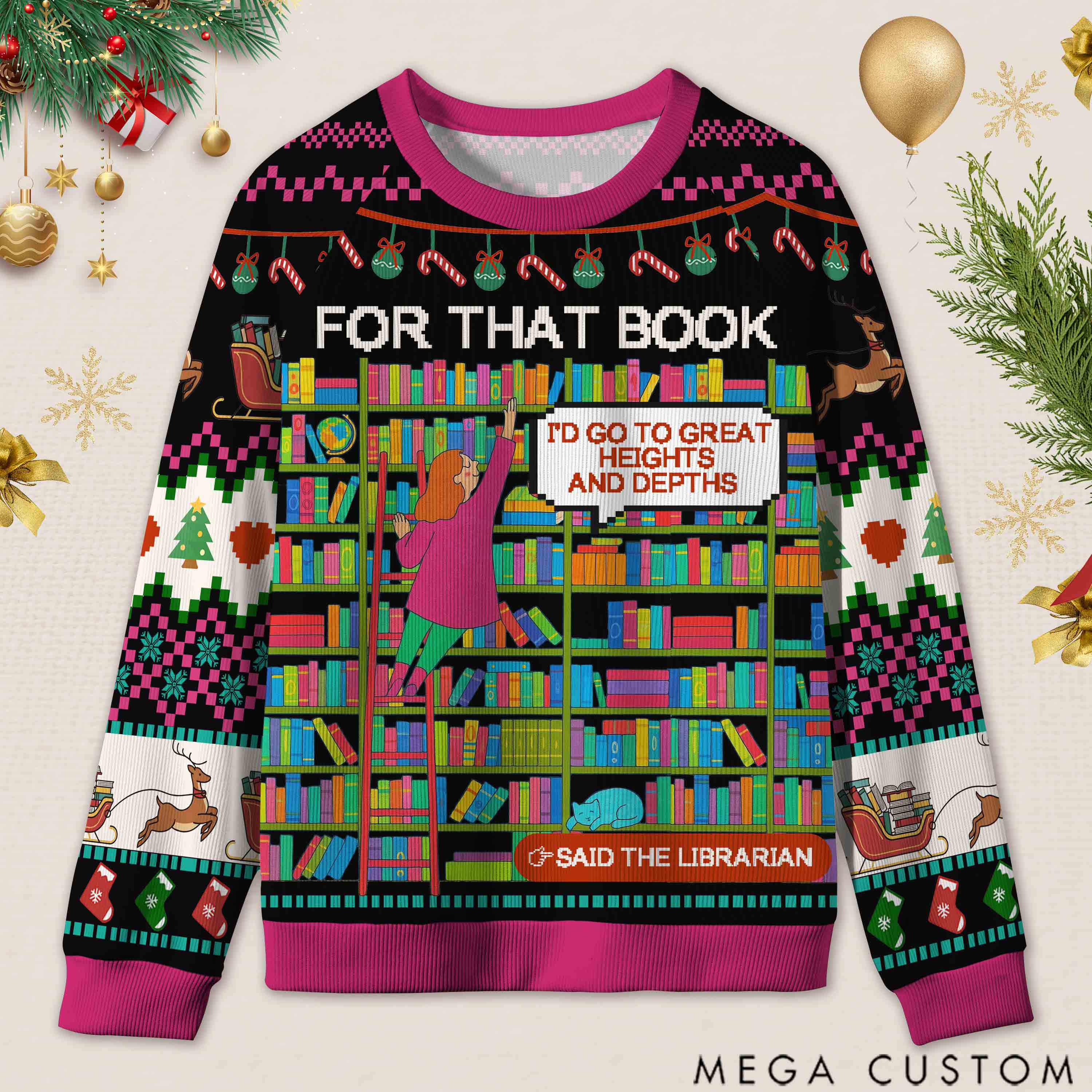 Personalized Library Slogan Witty Ugly Sweater Holiday Gift for Librarians